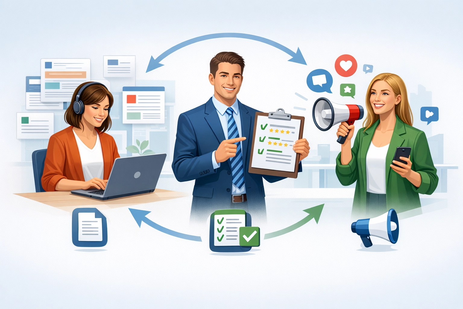 Trois types d'affiliés - créateurs de contenu, experts en avis et influenceurs travaillant ensemble