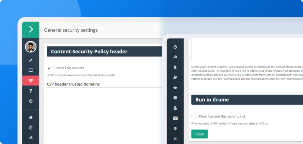 Écran de configuration montrant comment activer les en-têtes CSP et définir les domaines de confiance dans Post Affiliate Pro