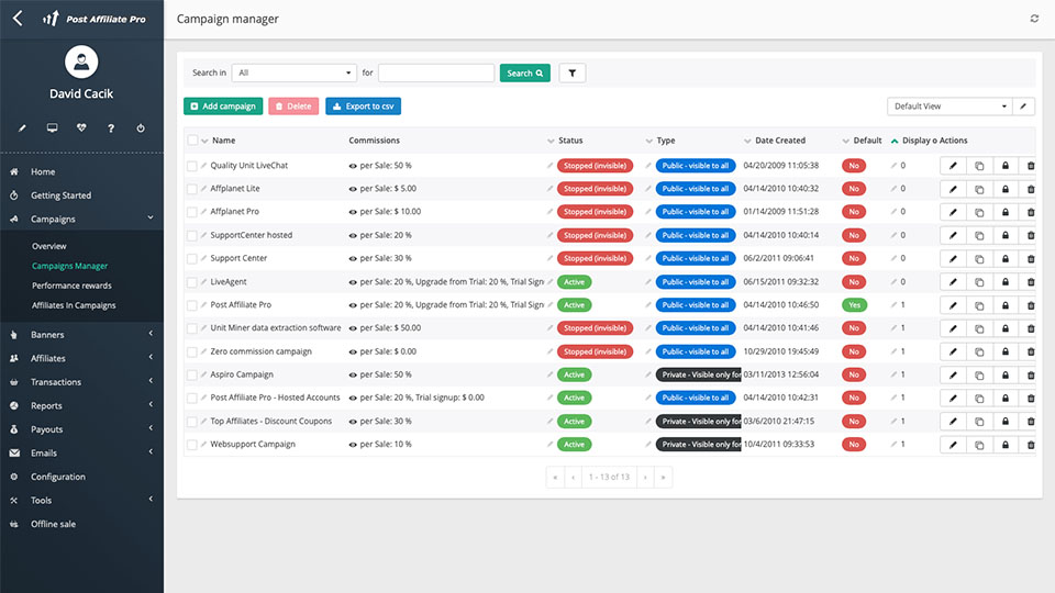 Aperçu des campagnes Post Affiliate Pro