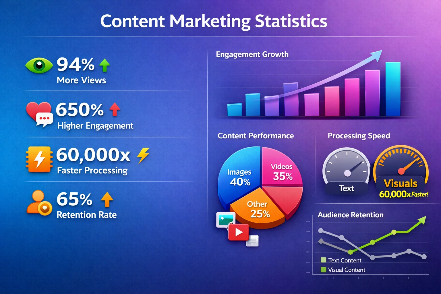 Statistiques du marketing de contenu visuel montrant 94% de vues en plus, 650% d'engagement supérieur et un traitement cérébral 60 000x plus rapide
