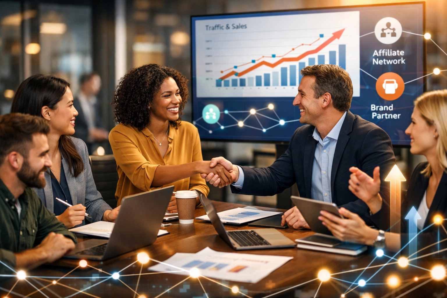 Une équipe de marketing d'affiliation professionnelle collaborant avec des représentants de marques