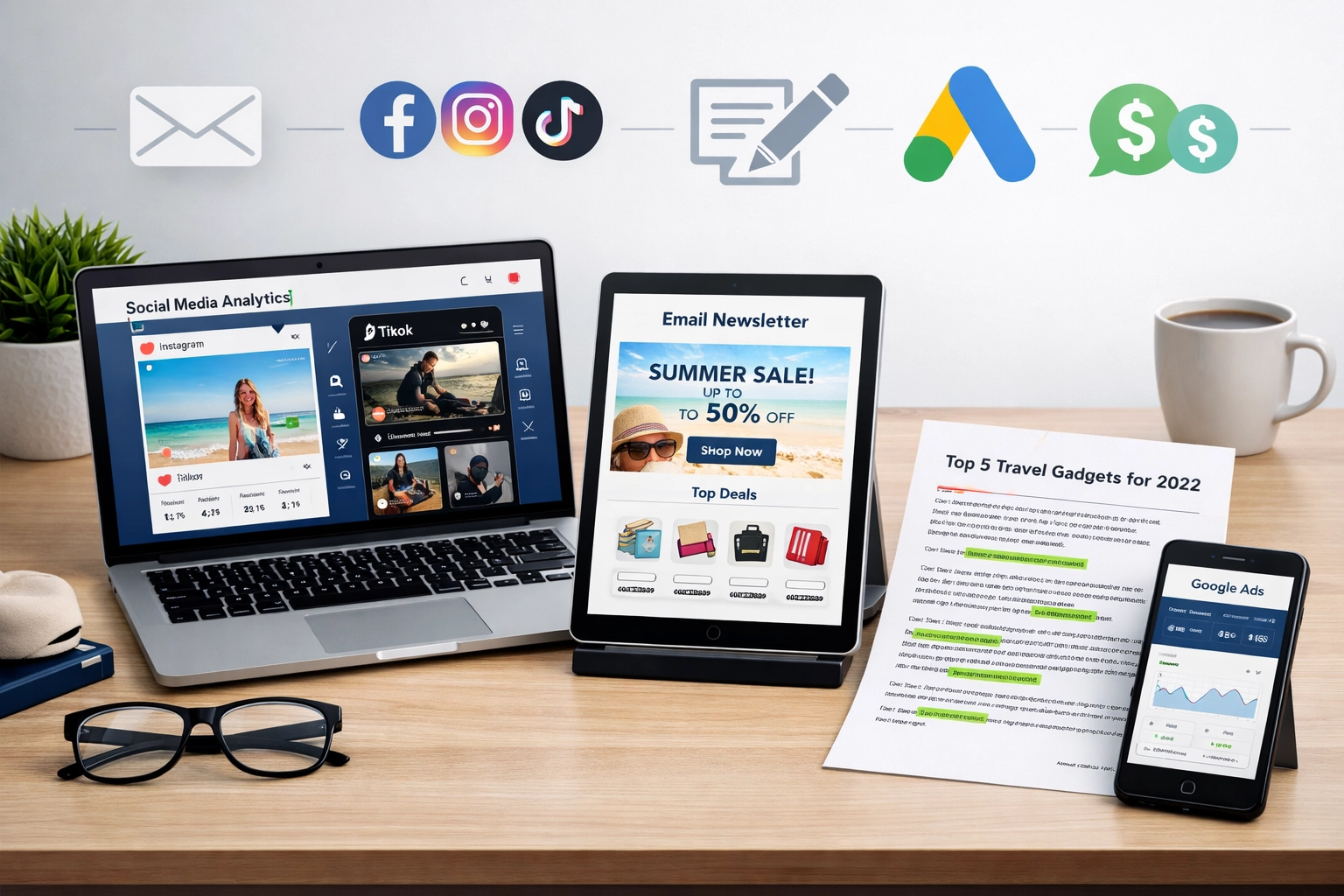 Multiple affiliate marketing channels including social media, email, content creation, and paid advertising