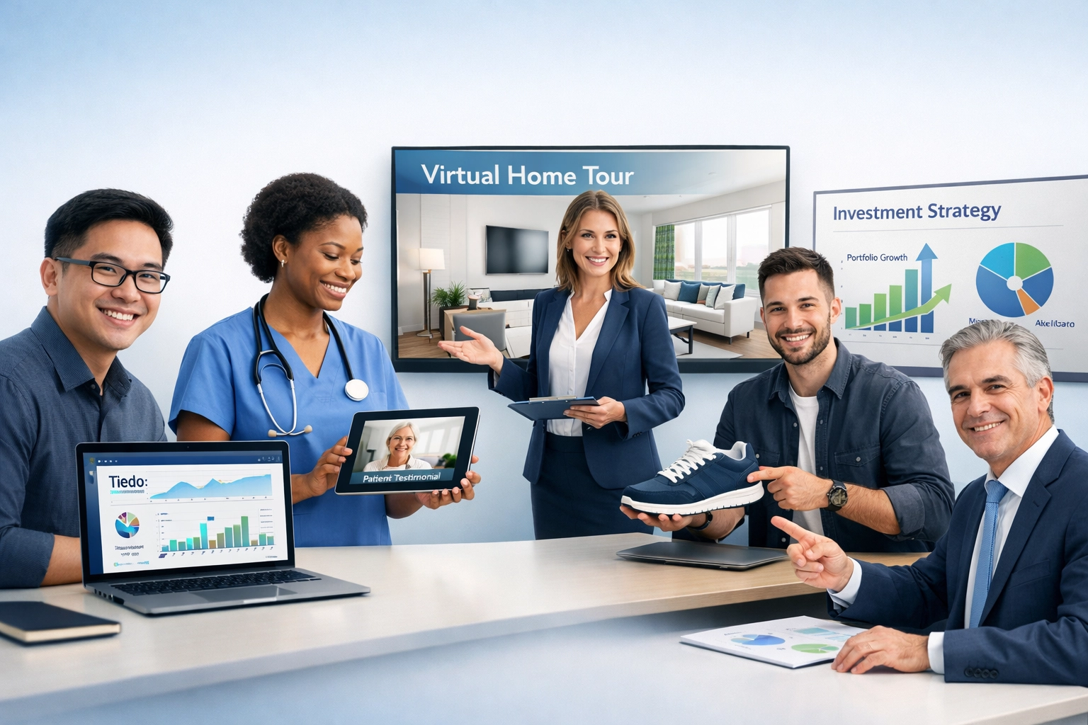 Marketing de contenu vidéo dans divers secteurs, notamment la tech, la santé, l'immobilier, l'e-commerce et la finance