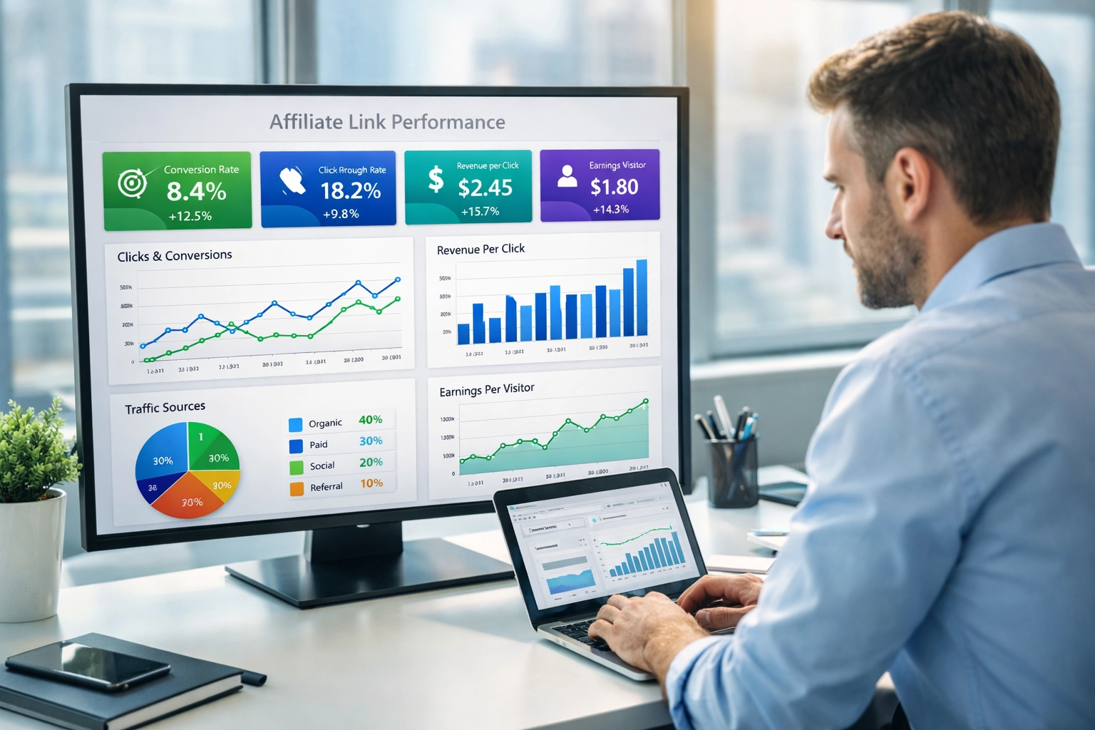 Tableau de bord analytique professionnel montrant les indicateurs de performance des liens d’affiliation, avec taux de conversion, taux de clics et données de revenus