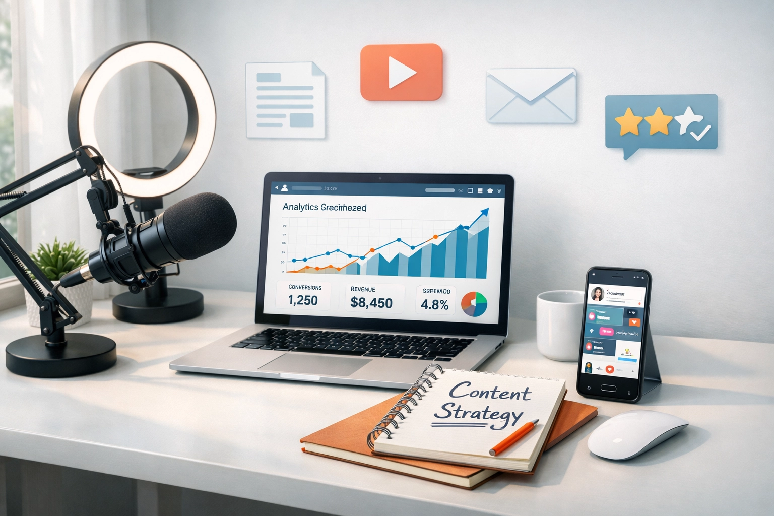 Espace de travail professionnel pour la création de contenu d’affiliation avec ordinateur portable, micro et tableau de bord analytique