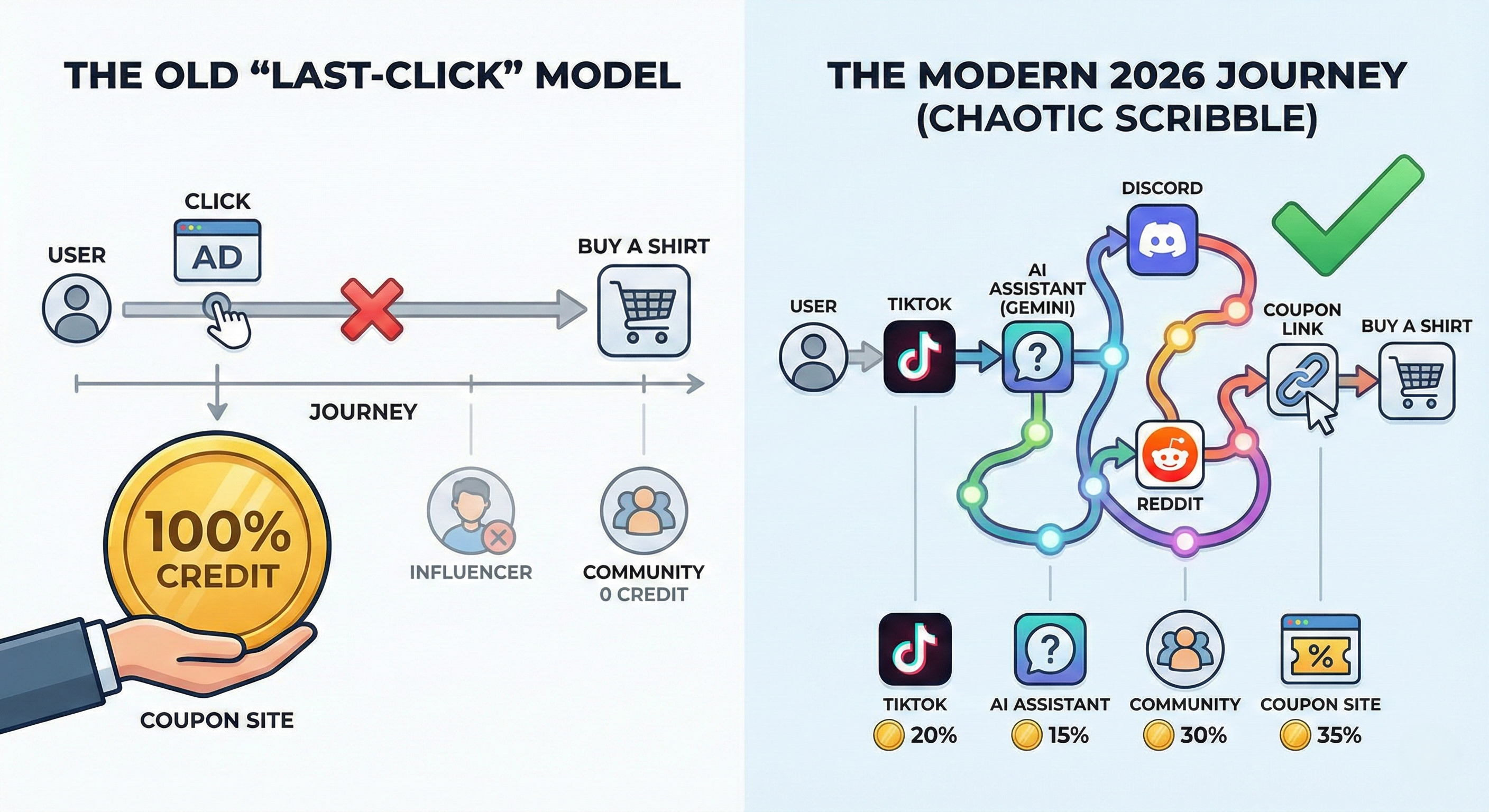 Parcours client montrant le modèle d'attribution au dernier clic donnant 100% du crédit au lien de coupon final tout en ignorant les contributions du créateur TikTok, de l'assistant IA et de la communauté Discord