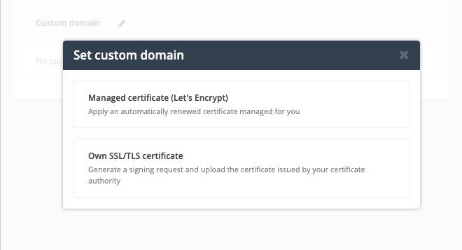 Boîte de dialogue Définir un domaine personnalisé de Post Affiliate Pro avec option de certificat Let's Encrypt