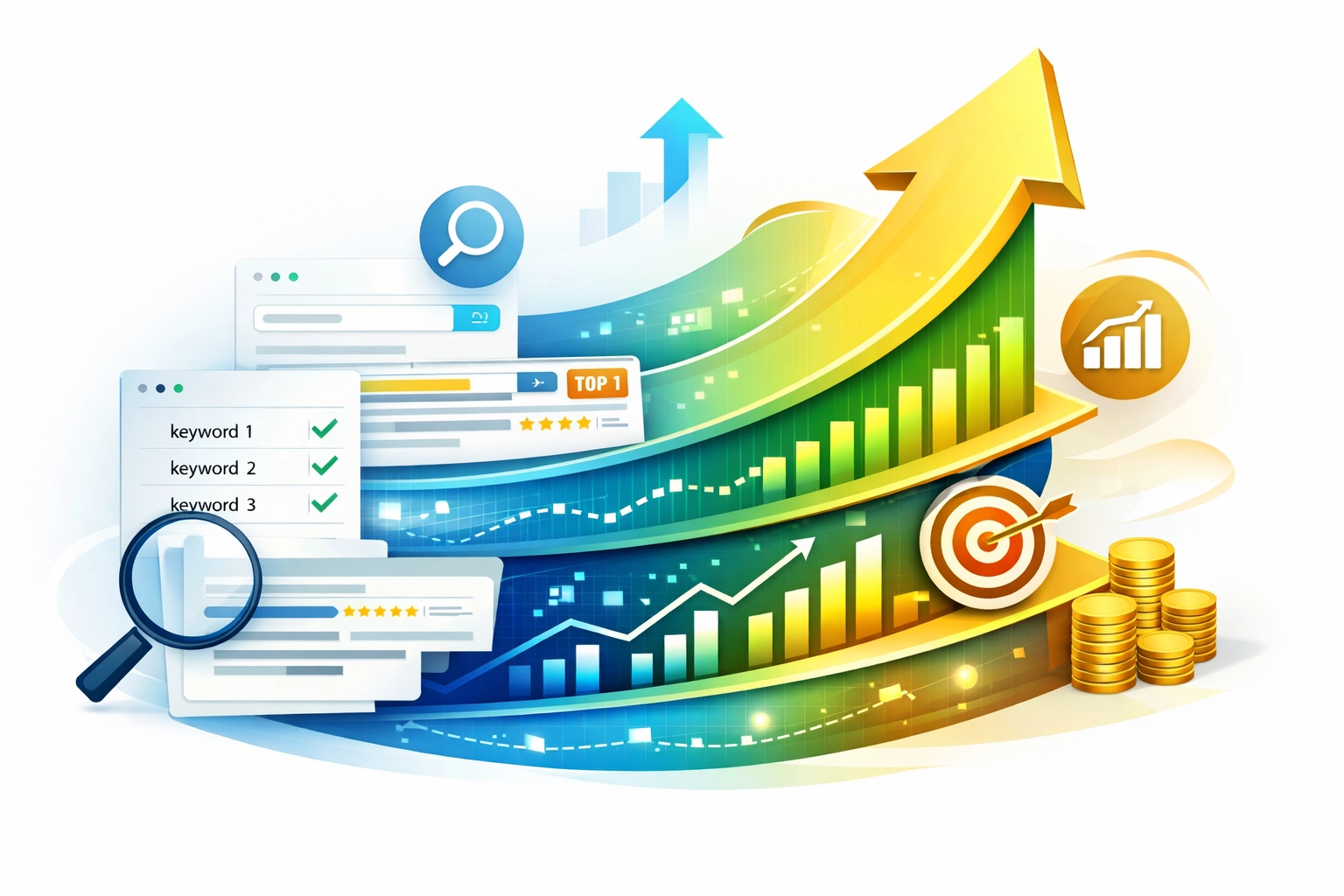 Visualisation abstraite de la croissance et du succès d’une entreprise grâce à la recherche de mots-clés, avec une flèche ascendante et des icônes analytiques