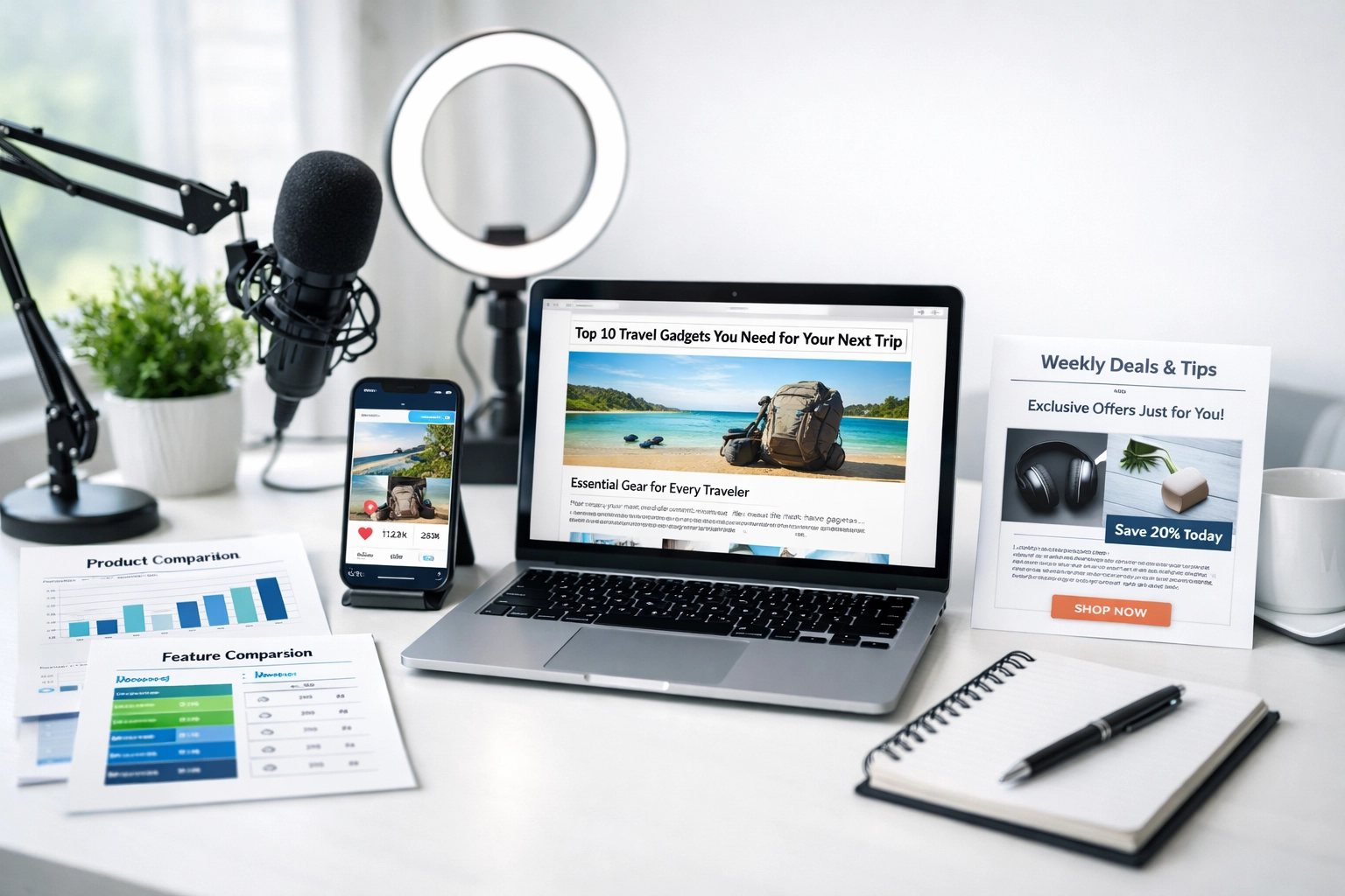 Espace de travail professionnel de marketing digital avec plusieurs formats de création de contenu