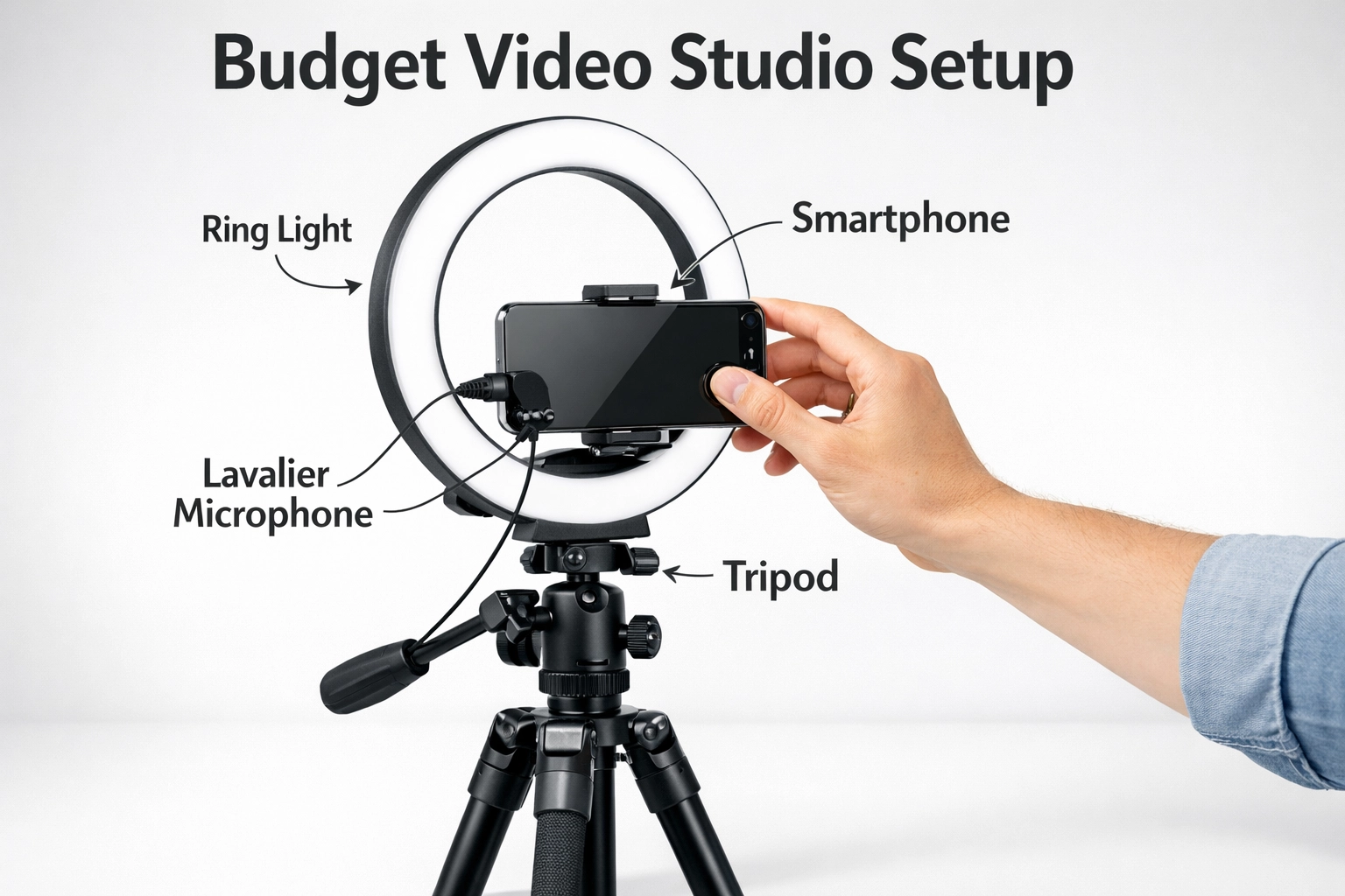 Professional smartphone video creation setup with ring light, tripod, and microphone