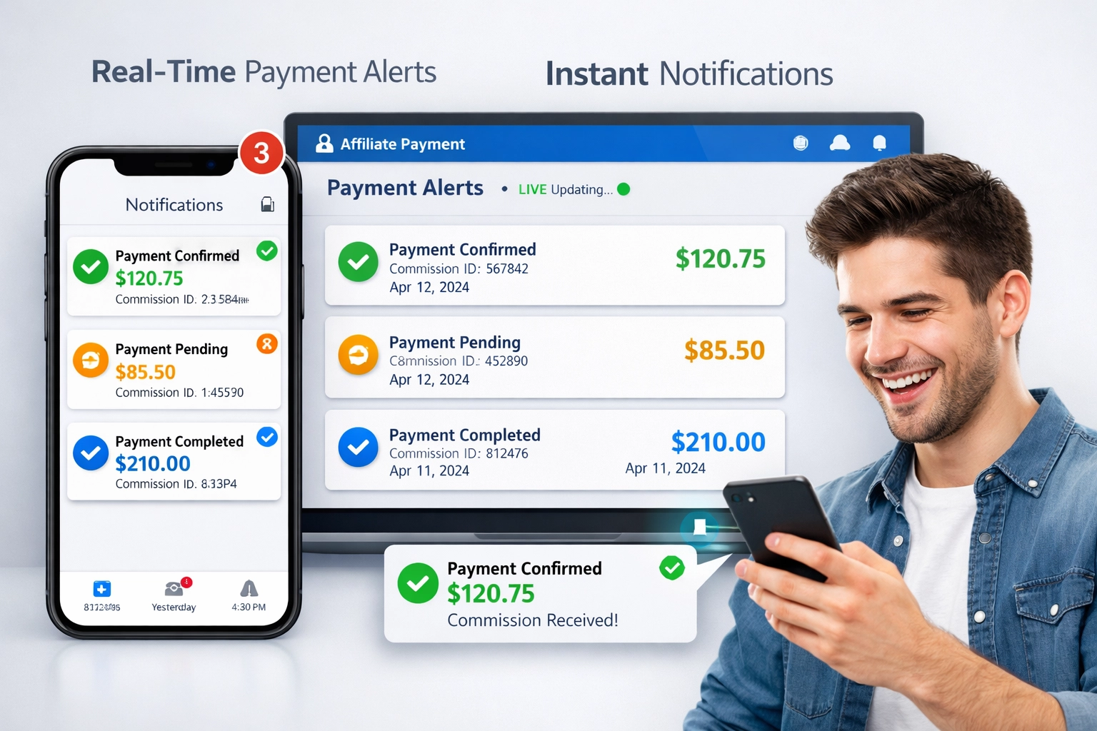 Tableau de bord moderne de notifications de paiement d'affiliation avec alertes en temps réel et indicateurs de statut de paiement
