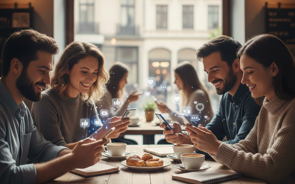 Groupe de personnes diverses assises à une table examinant les analyses et les mesures d'engagement des médias sociaux sur leurs appareils mobiles