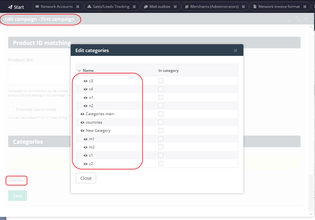 Édition de catégorie de campagne affichant le mauvais ordre