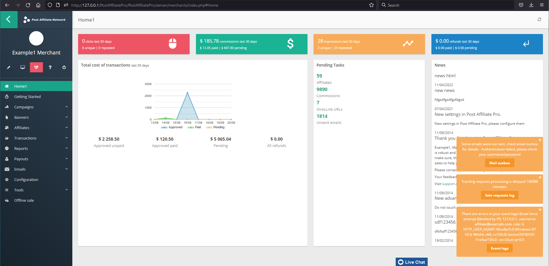 Notification d'application marchand Post Affiliate Pro pour les événements critiques