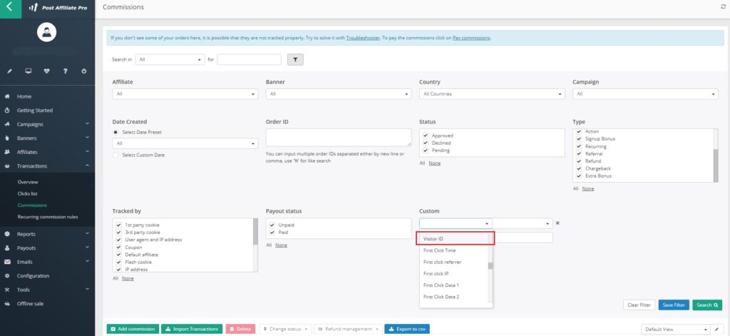 Post Affiliate Pro - filtre ID visiteur dans la liste des commissions