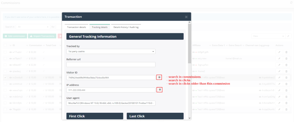 Post Affiliate Pro - nouveau bouton de recherche sur l’écran des détails de la transaction