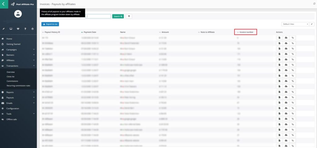 Post Affiliate Pro - rechercher une facture par numéro