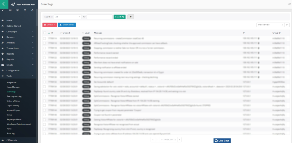 Post Affiliate Pro - Aperçu du journal des événements
