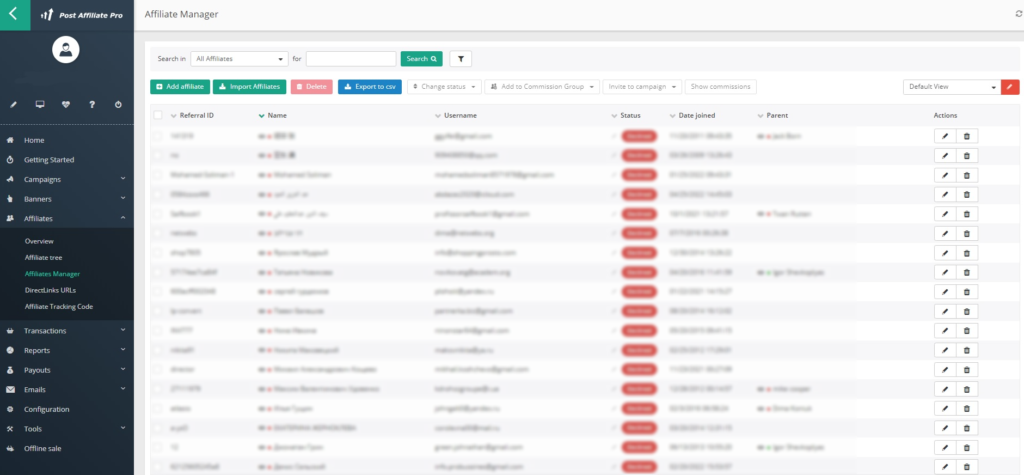 Post Affiliate Pro - Tri des gestionnaires d'affiliés par nom