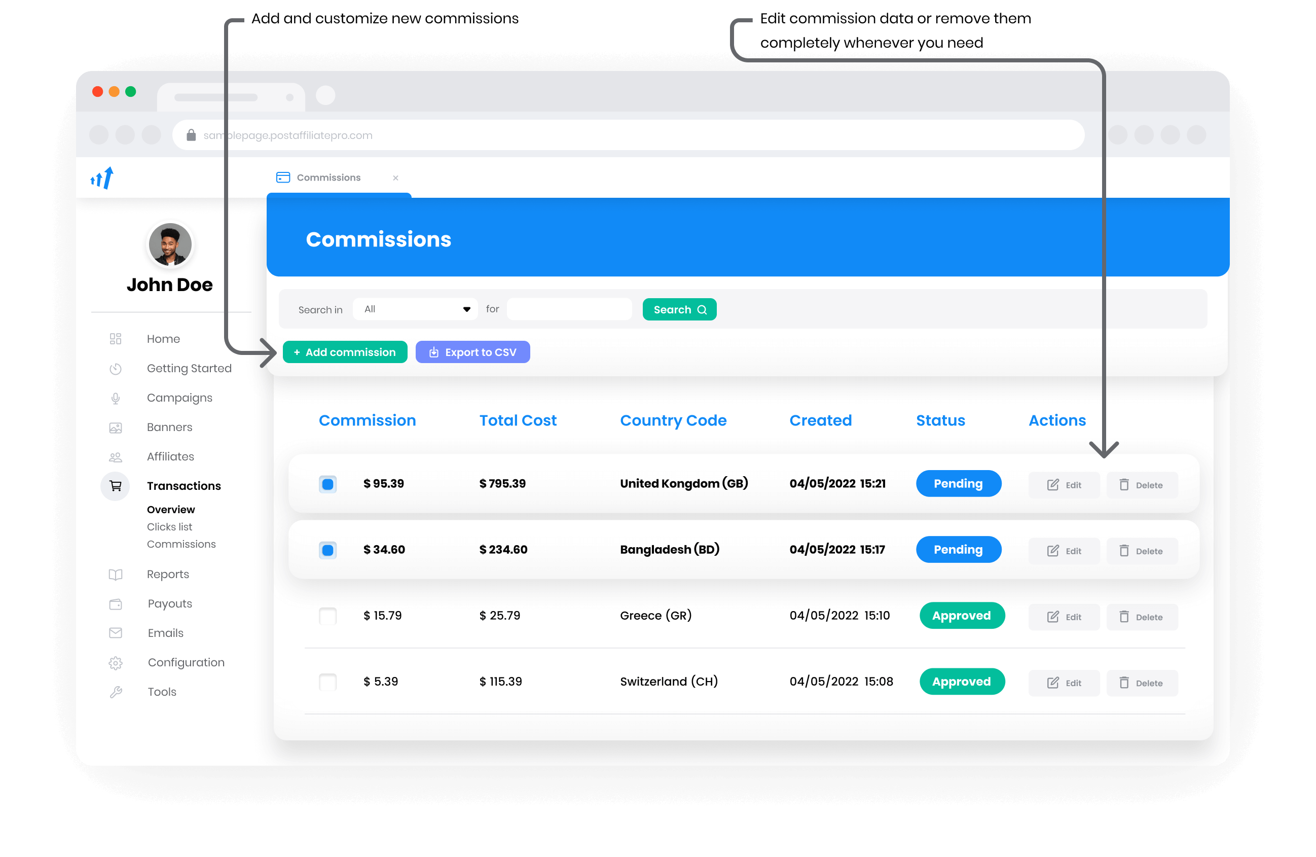 Aperçu des commissions & paiements dans Post Affiliate Pro