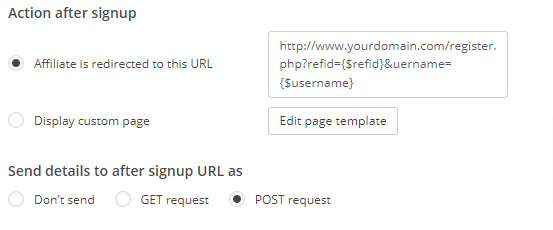 Paramètres pour l'action après inscription
