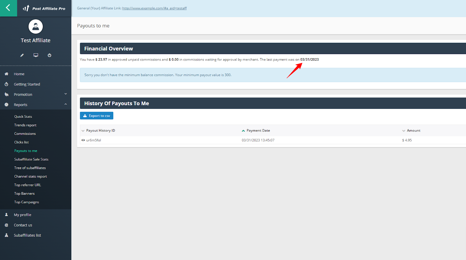 Panneau affilié affichant l’aperçu financier, l’historique des paiements et le menu de navigation