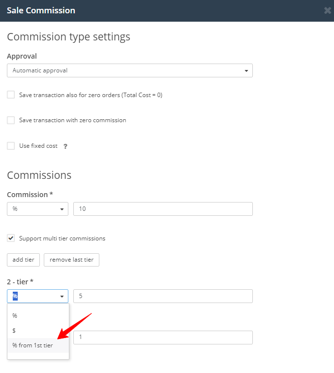 Interface des paramètres Post Affiliate Pro pour configurer les types de commissions sur les ventes et les taux multi-niveaux