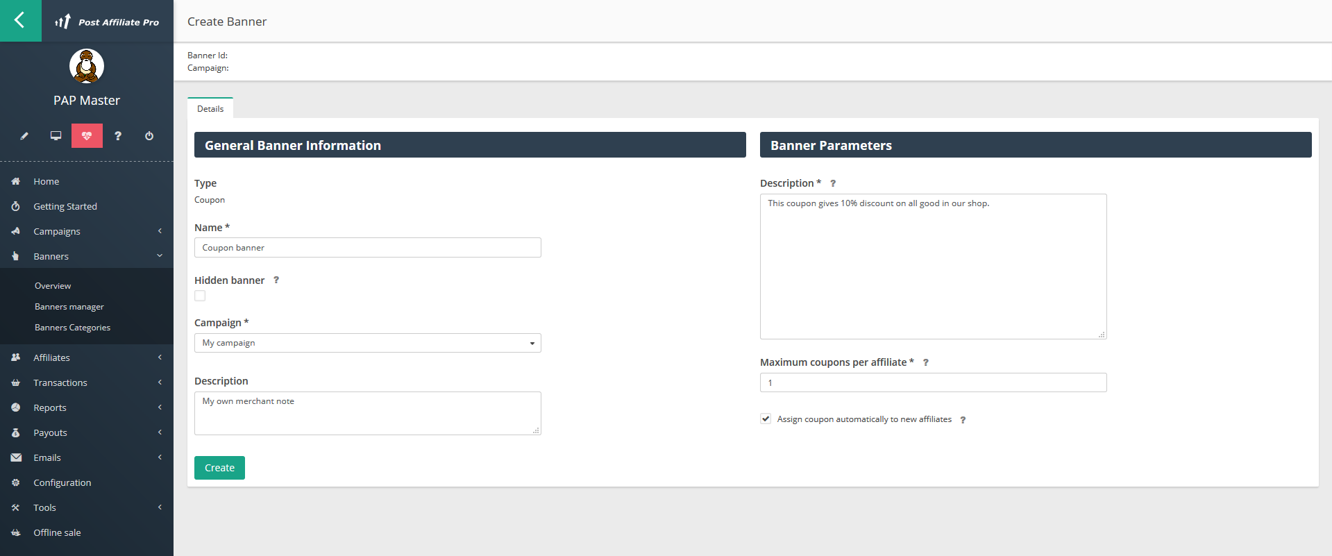Créer une bannière coupon dans Post Affiliate Pro