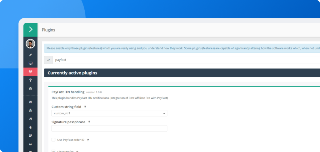 Écran de configuration montrant l'activation et la configuration de l’extension de gestion ITN PayFast dans Post Affiliate Pro