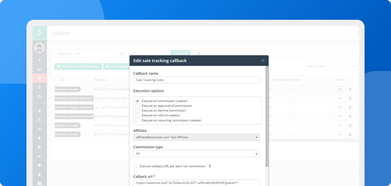 Écran de configuration dans le panneau marchand Post Affiliate Pro où vous pouvez éditer les événements déclencheurs