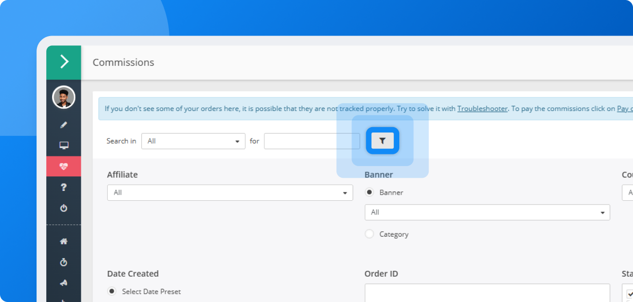 Capture d'écran de la section des filtres avec options de recherche avancée