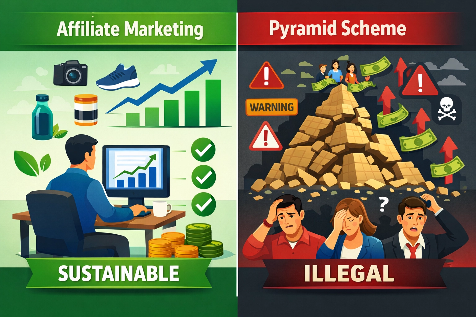 Comparaison entre le marketing d'affiliation légitime et les systèmes pyramidaux
