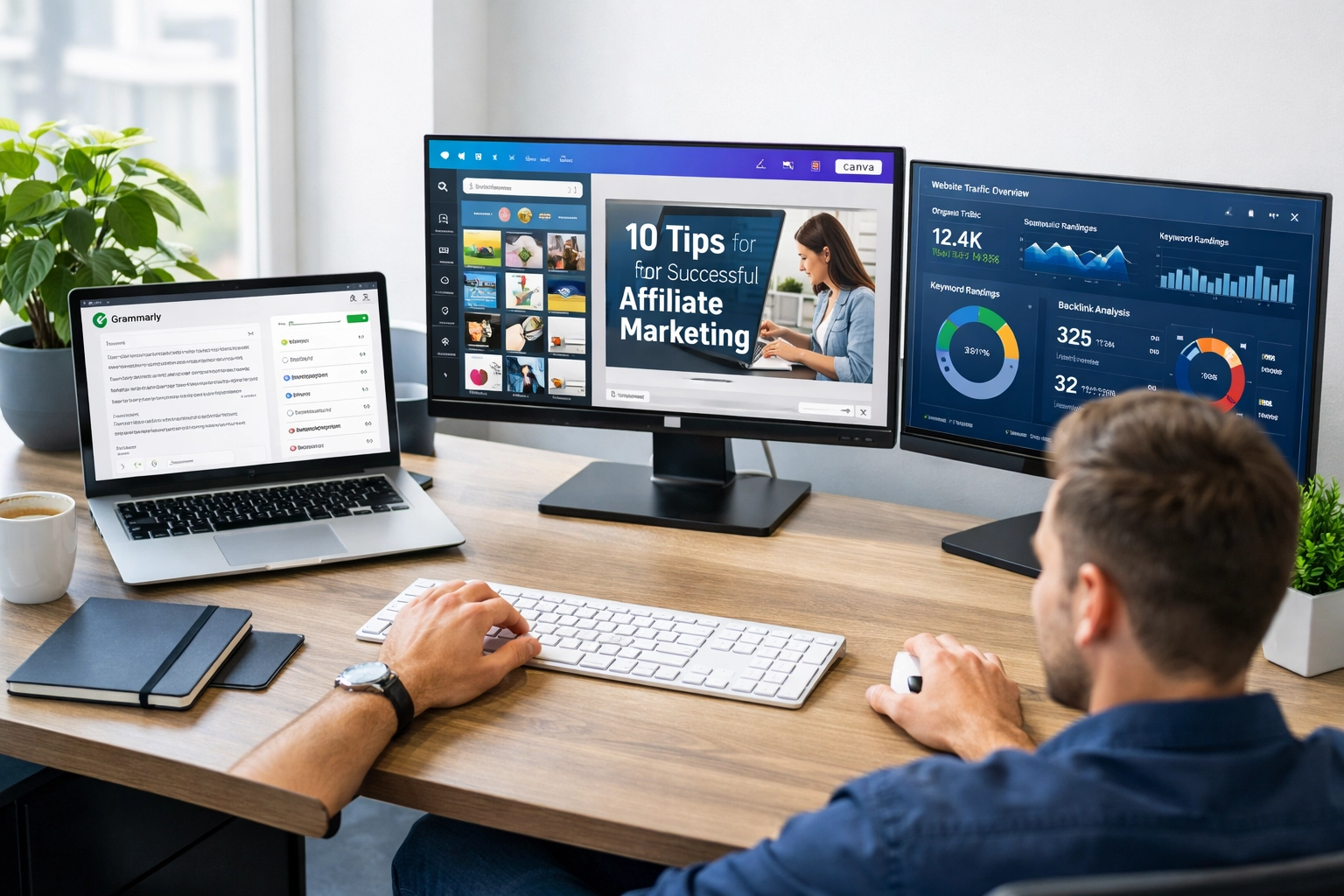 Affiliate marketer working with multiple content creation tools on desktop