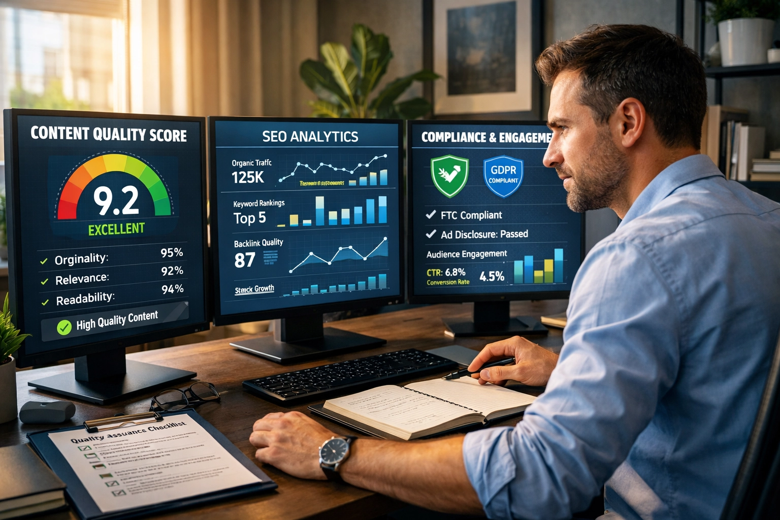 Un marketeur affilié professionnel examine les normes de qualité du contenu sur plusieurs écrans avec des tableaux de bord analytiques