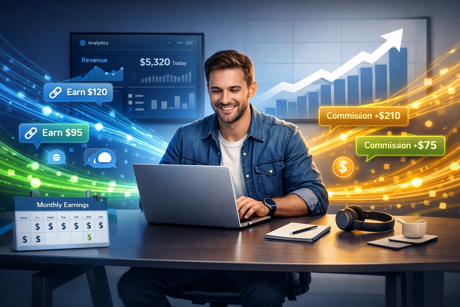 Créateur de contenu avec plusieurs sources de revenus et visualisation du revenu d'affiliation