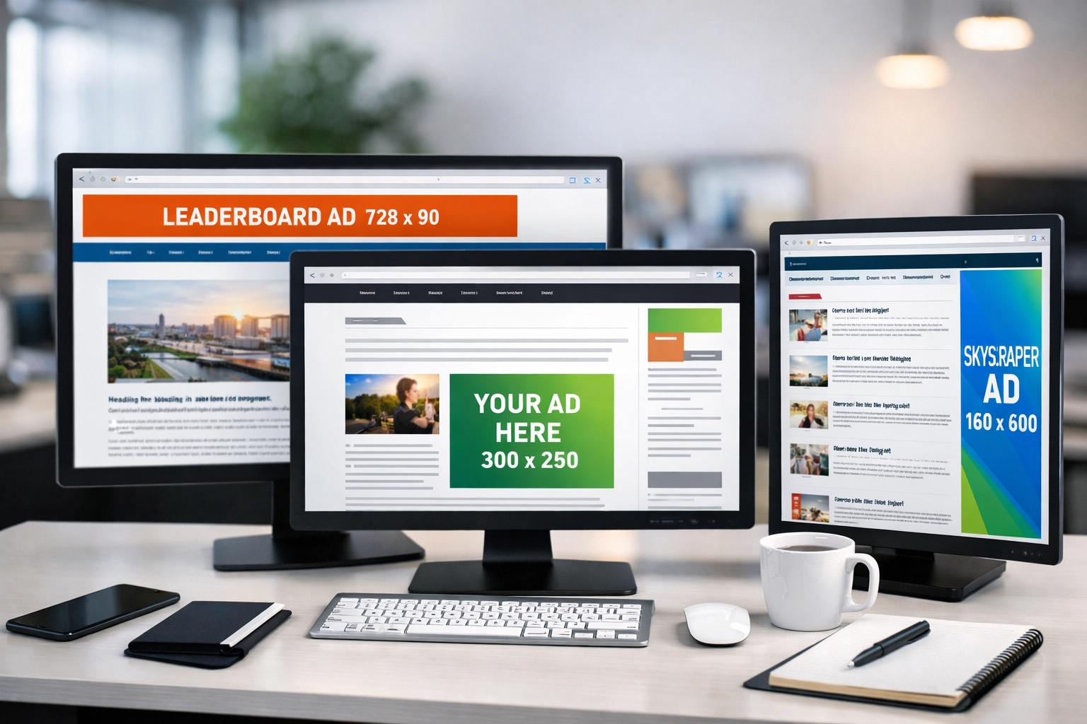 Exemples de publicité par bannière montrant différents emplacements d'annonces sur les sites web