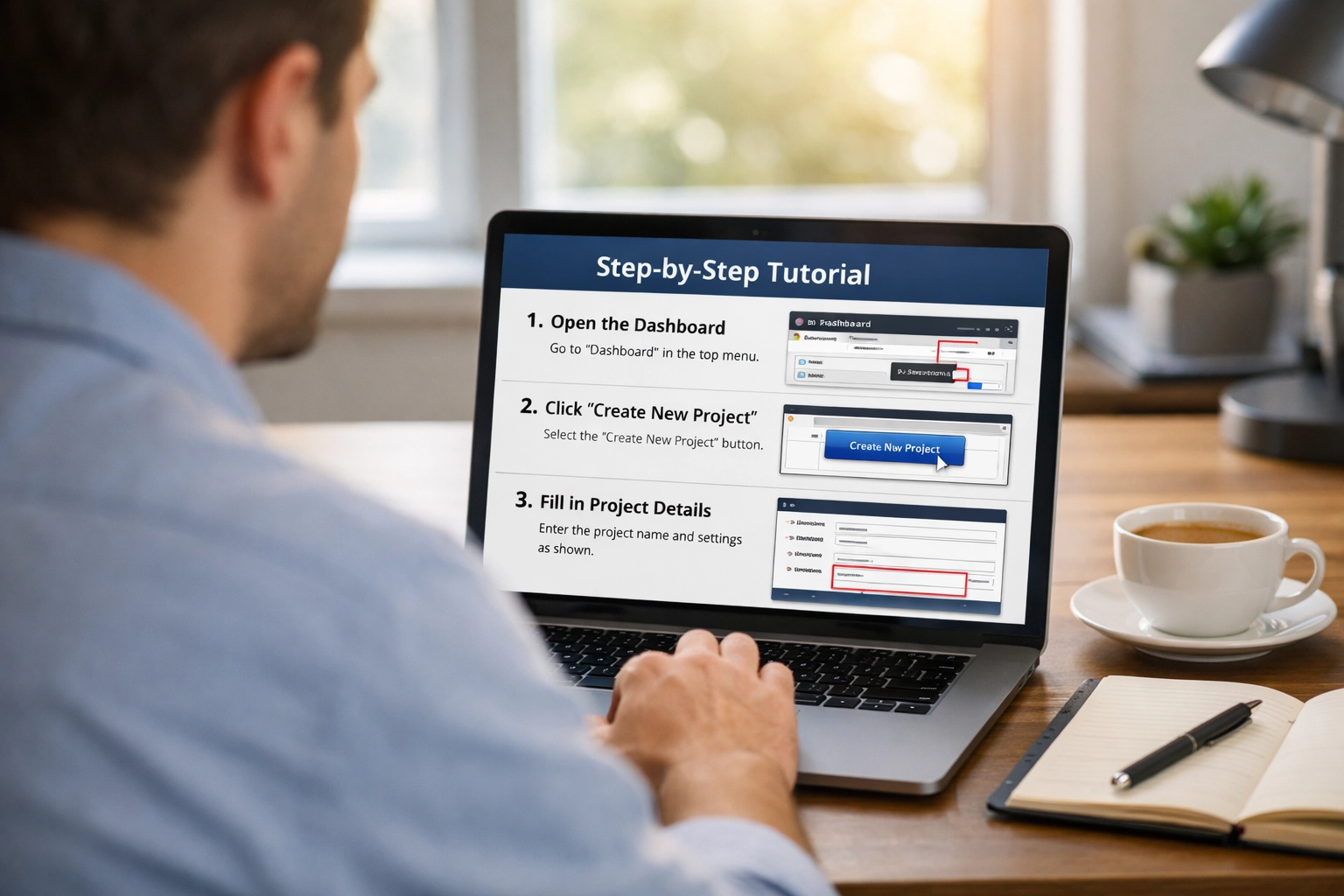 Espace de travail professionnel avec une personne suivant un tutoriel étape par étape sur un ordinateur portable