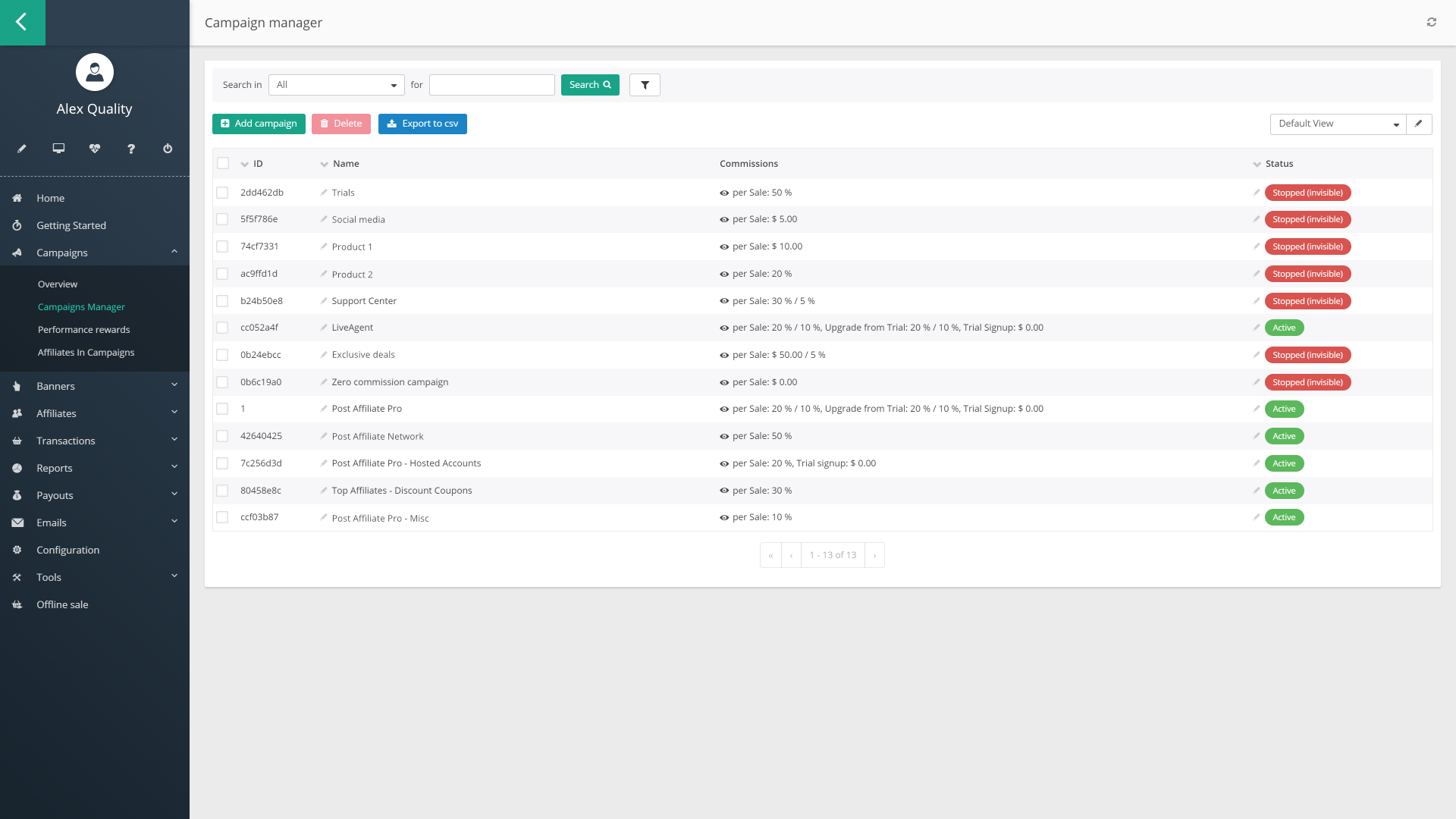 Campagnes dans Post Affiliate Pro