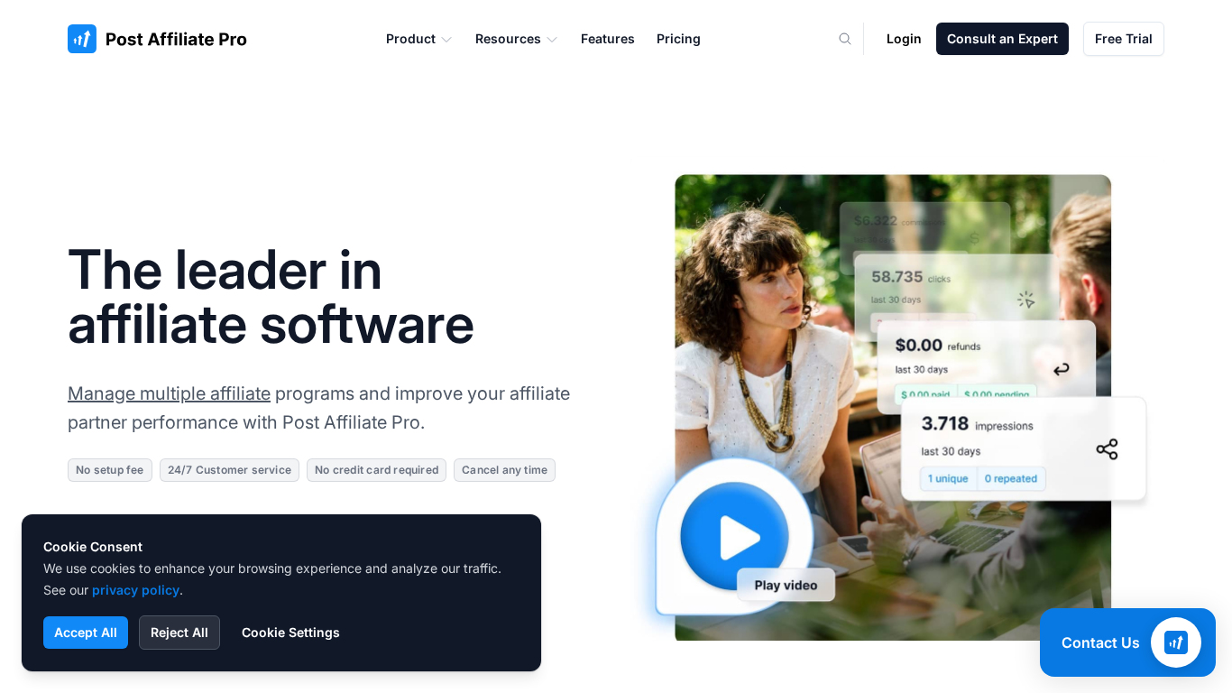 Page d'accueil du logiciel d'affiliation Post Affiliate Pro