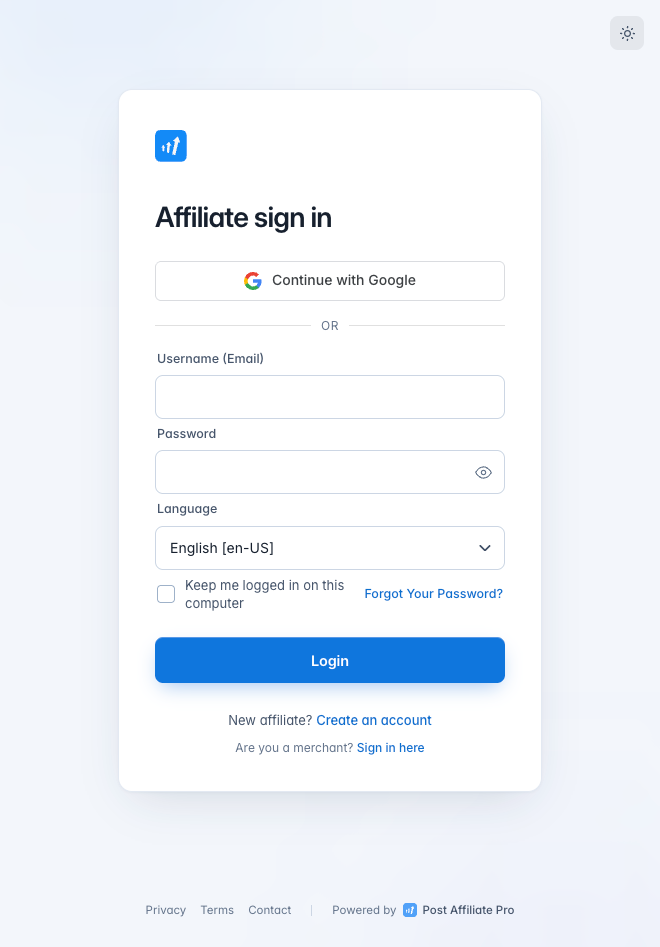 Bouton de connexion avec Google sur l'écran d'authentification Post Affiliate Pro