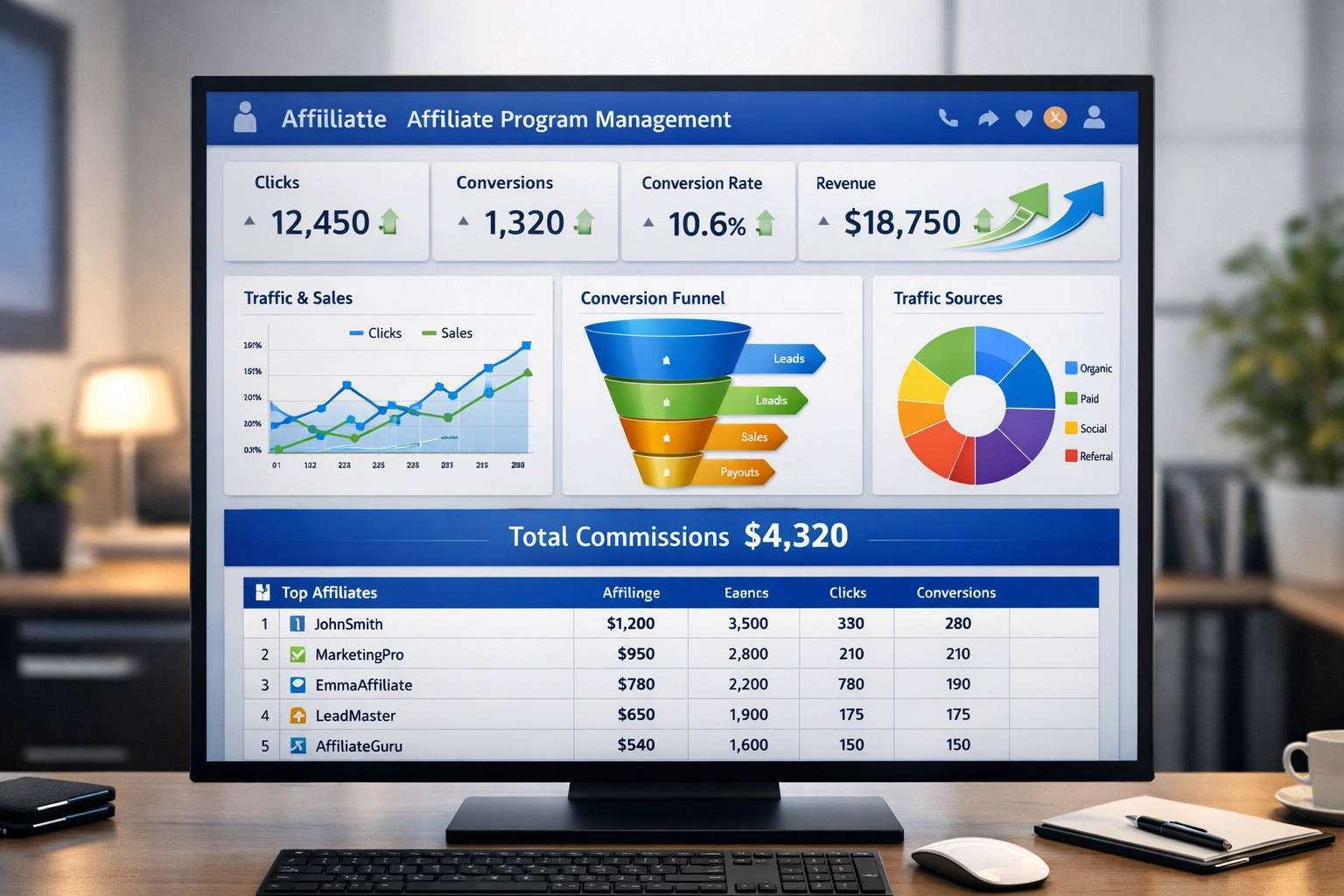 Tableau de bord de gestion de programme d'affiliation affichant le suivi en temps réel et des indicateurs de performance