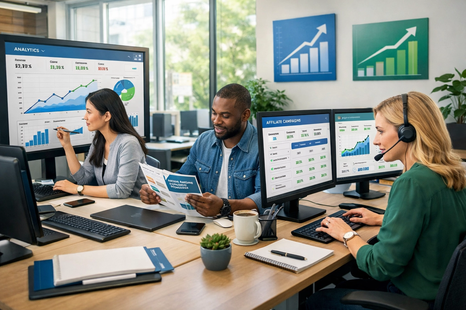 Équipe professionnelle de marketing d’affiliation collaborant, membres divers analysant des données et gérant des campagnes