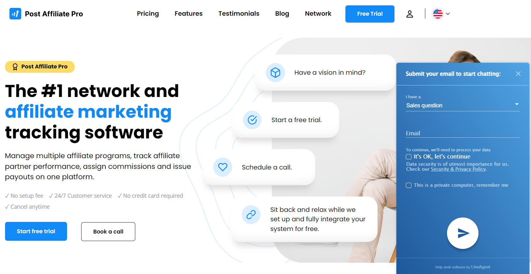 Chat en direct sur la page Post Affiliate Pro