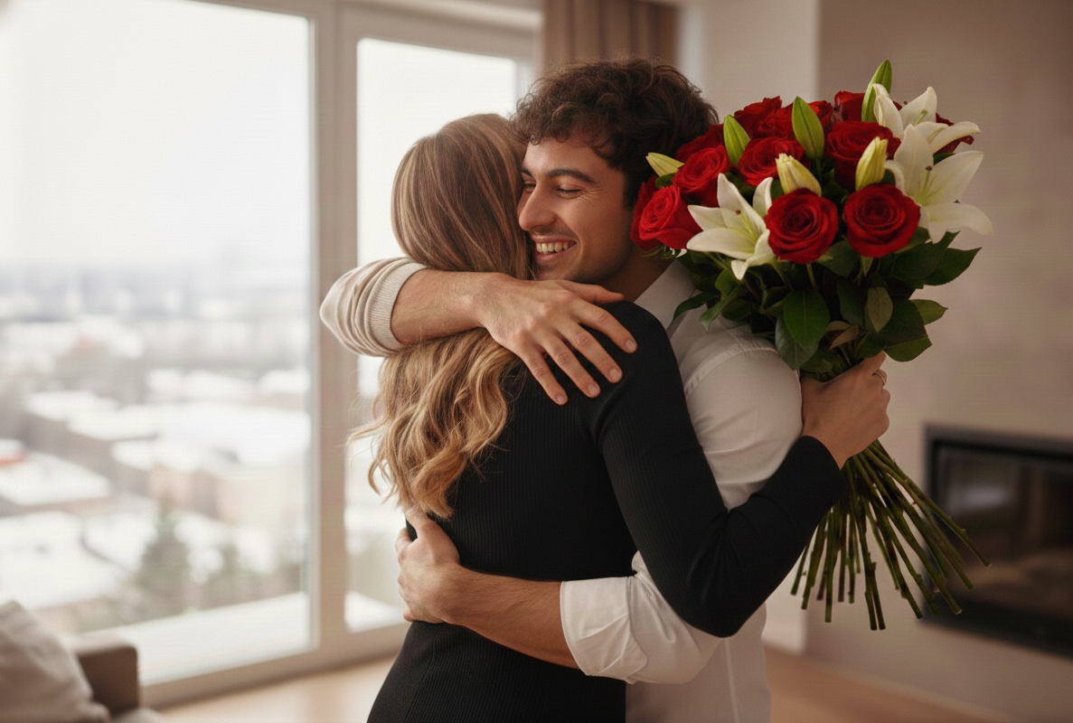 Une femme tenant des fleurs et enlaçant un homme