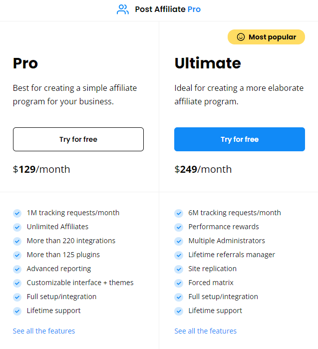 Post Affiliate Pro new pricings
