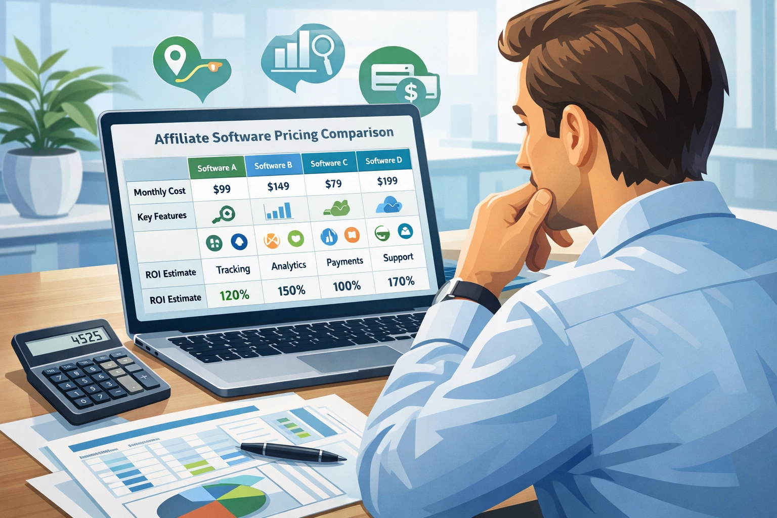 Professionnel analysant la comparaison de prix des logiciels d'affiliation sur un écran d'ordinateur