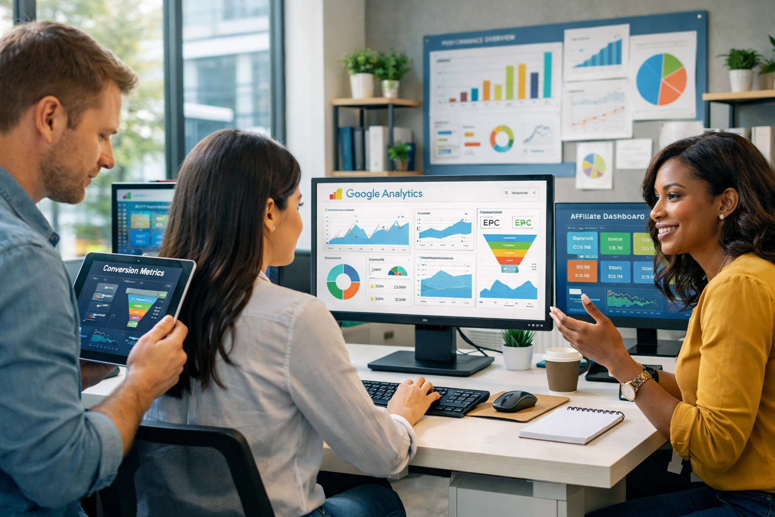 Équipe professionnelle de marketing d'affiliation analysant des données et métriques sur plusieurs écrans d'ordinateur dans un environnement de bureau moderne