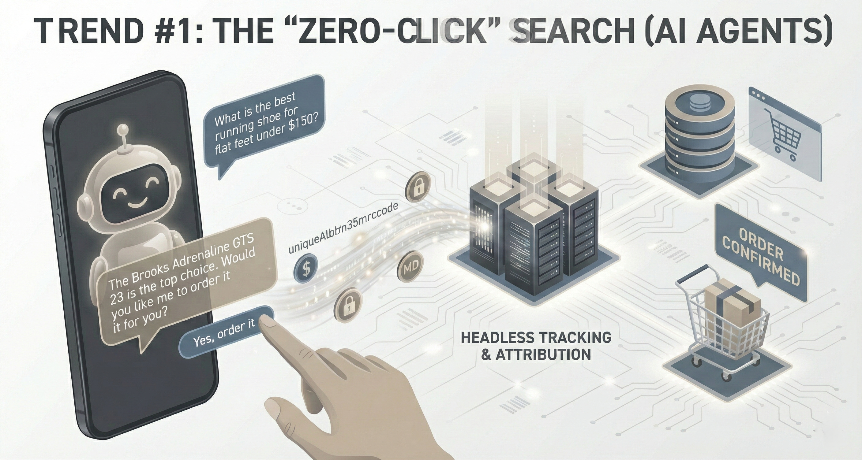 Interface de chatbot IA montrant un exemple de recherche zéro clic où un agent IA répond directement à la question produit d'un utilisateur sans qu'il ait besoin de cliquer sur les résultats de recherche