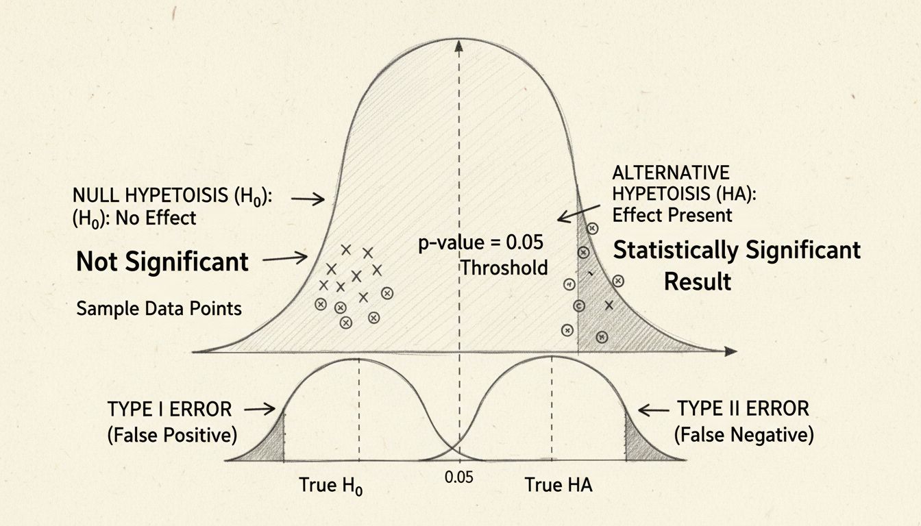 Courbe de Gauss illustrant le seuil de signification statistique, l’hypothèse nulle, l’hypothèse alternative, et les erreurs de type I et II