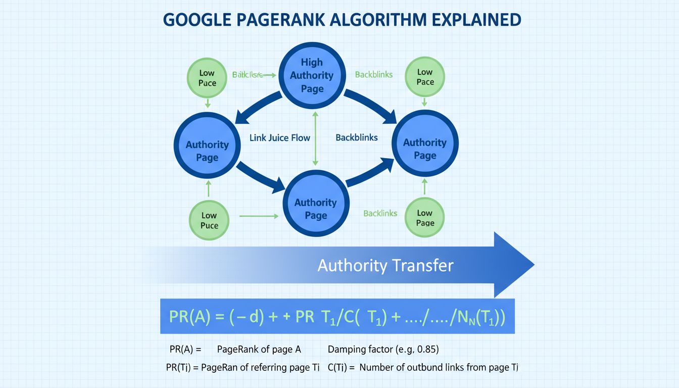 PageRank algorithm network diagram showing link flow and authority transfer between web pages